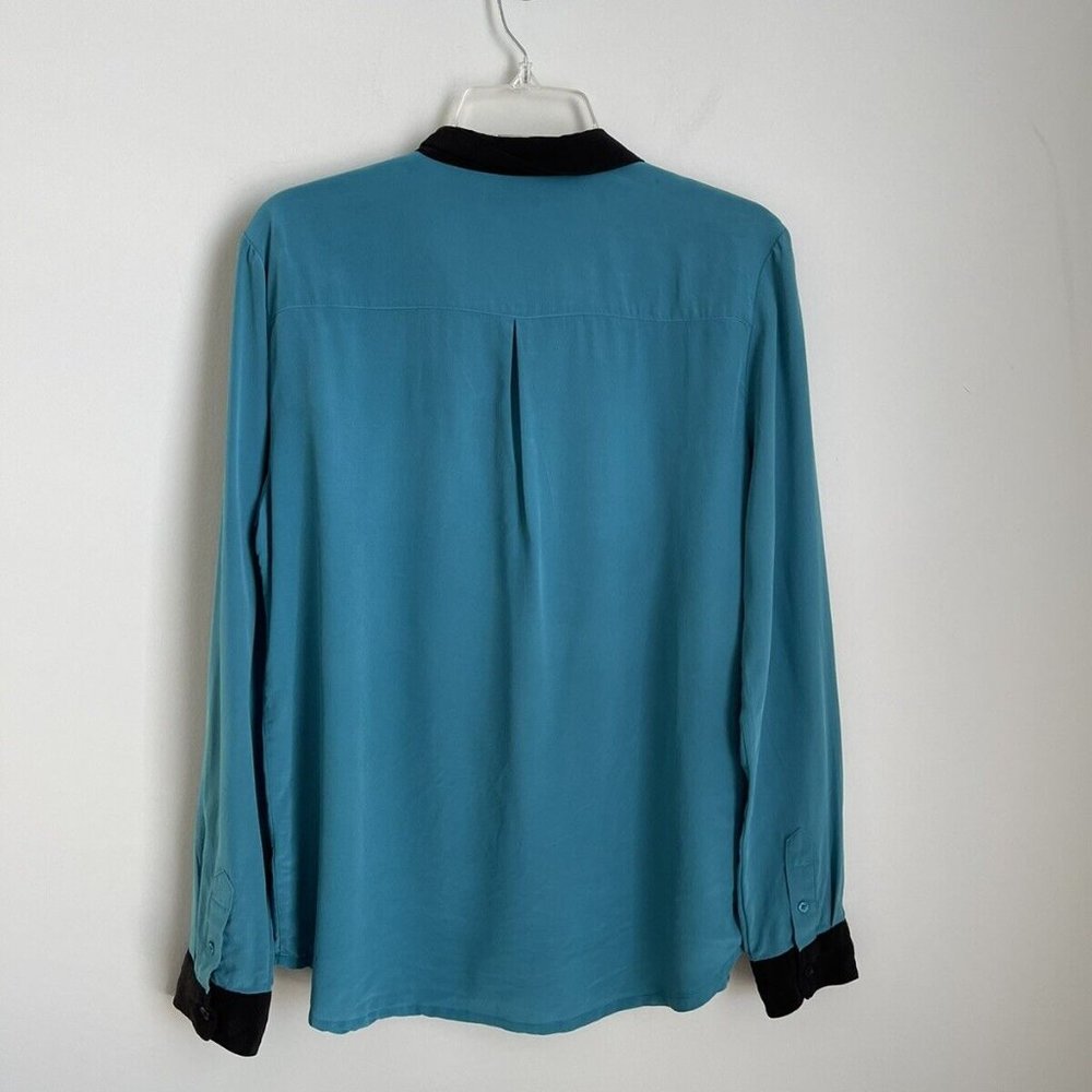 Garnet Hill Blue Black Trim 100% Silk Long Sleeve Button Down Blouse - Picture 3 of 8